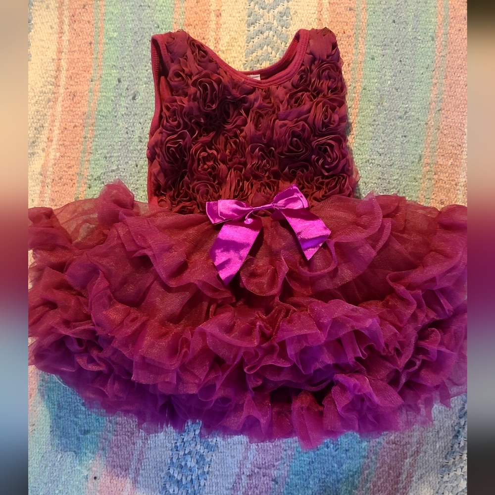 Popatu Burgundy/Purple Tulle Ruffle Flower Girl Dress